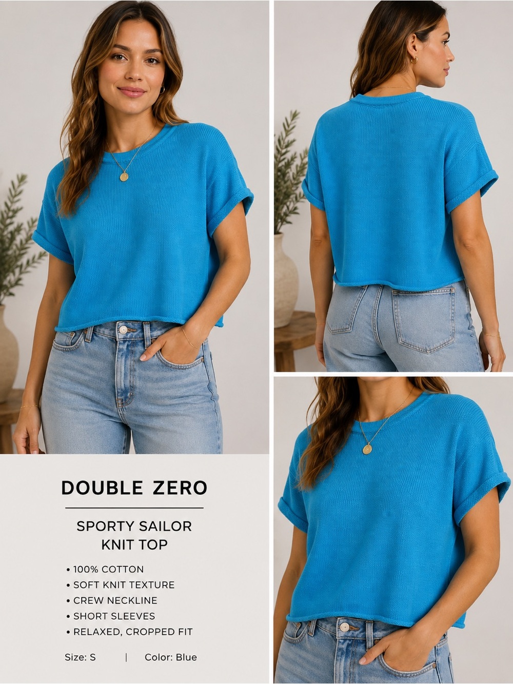 Double Zero Bright Blue Cropped Knit Tee 100% cotton small